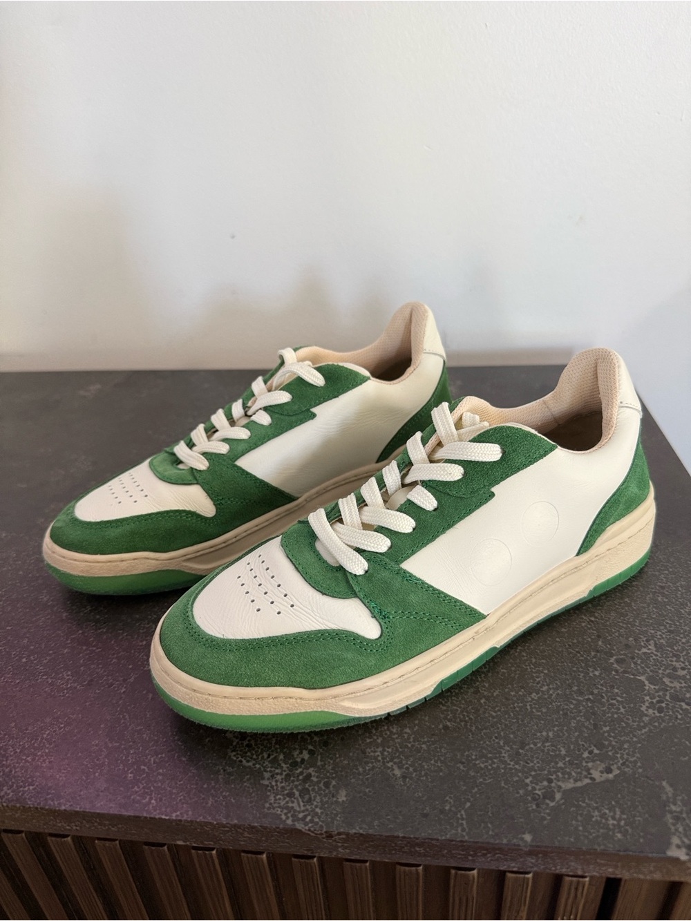 Women’s Green and Cream Low-Top Suede-Trim Sneakers